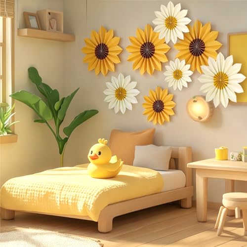 Image of EASY JOY 9PCS Sunflower Party Decorations Sunflower Paper Fans Yellow Birthday Decorations Hanging Paper Flower Fan for Women for Summer Baby Shower Bulletin Board Decorations