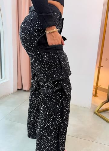 Womens High Waisted Rhinestone Jeans Black Straight Chic Baggy Wide Leg Bling Denim Pants Loose Fit Pearl Jeans4