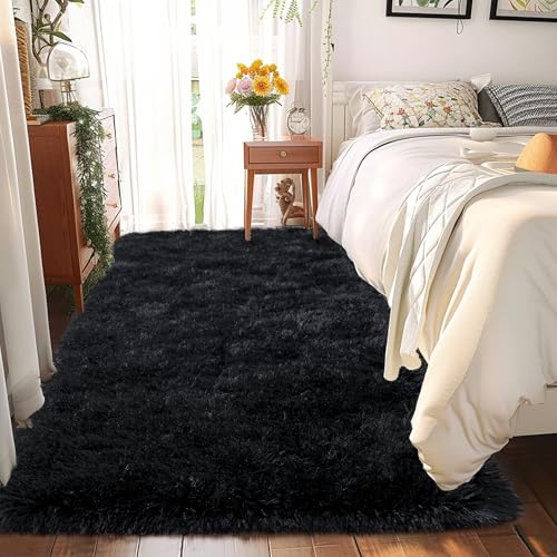 2 x 6 Runner Rug - Non Slip Washable Hallway Fluffy Rug with Rubber Backing - Fluffy Rugs for Bedside Dorm - Black
