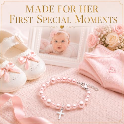 Image of Pink Pearl Bracelet, Sterling Silver Cross Charm Baptism Gifts for Girl
