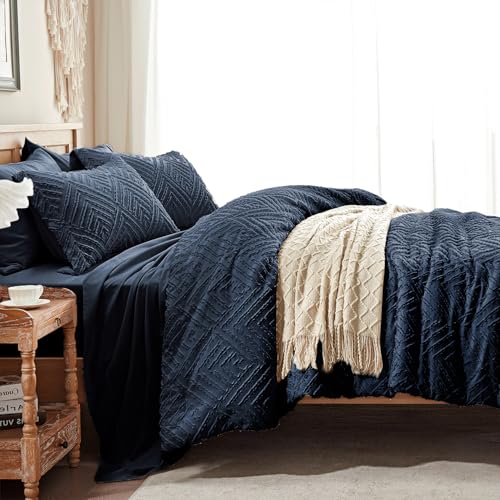 Image of Zzlpp Queen Comforter Set 7 Pieces, Navy Blue Tufted Bed in a Bag with Comforter and Sheets,All Season Boho Bedding Sets with Comforter, 2 Pillow Shams, 2 Pillowcases, 1 Flat Sheet, 1 Fitted Sheet