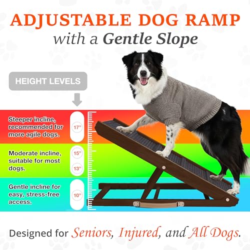 PATHOSIO PETS Adjustable Dog Ramp for Bed - 34" Long Foldable Wooden Ramp for Dogs to Get on Bed, Couch, or Car with 12.6" Wide Walking Space (Walnut Wood with Gray Carpet, Small) - Thumbnail 3
