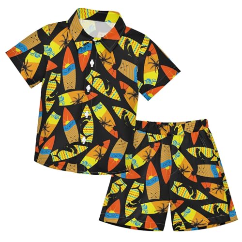 Image of Sunflower Floral Yellow Black Short Sleeve Hawaiian Button Down Shirts and Short Sets for Boys Toddler Summer Outfits