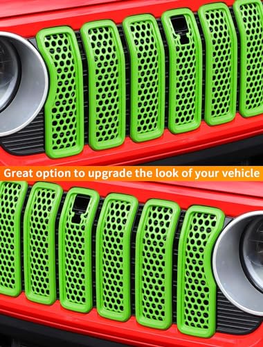 Image of Savadicar Front Grill Inserts with Camera Slot for 2024+ Jeep Wrangler JL JLU 4XE & Gladiator - Elevate Your Wrangler's Aesthetics with Mesh Grille Cover Guard, Exterior Trim Accessories, 7PCs, Green
