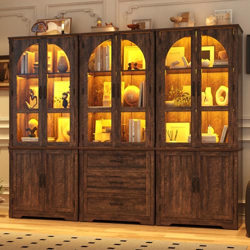 Image of 75 inch Tall Farmhouse Kitchen Pantry Cabinet with LED Lights,6 Doors Wood Storage Cabinet w Arched Glass Doors /Drawers,Pantry Organizers and Storage,Rustic Wood Cupboard for Kitchen,Dining Room(Brown)