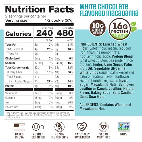Image of Lenny & Larry's Protein Cookie, White Chocolate Flavored Macadamia - High Protein Snacks with 16g Plant Protein, 10g Fiber, Soft-Baked, Vegan, Non-GMO | 4oz, Pack of 12