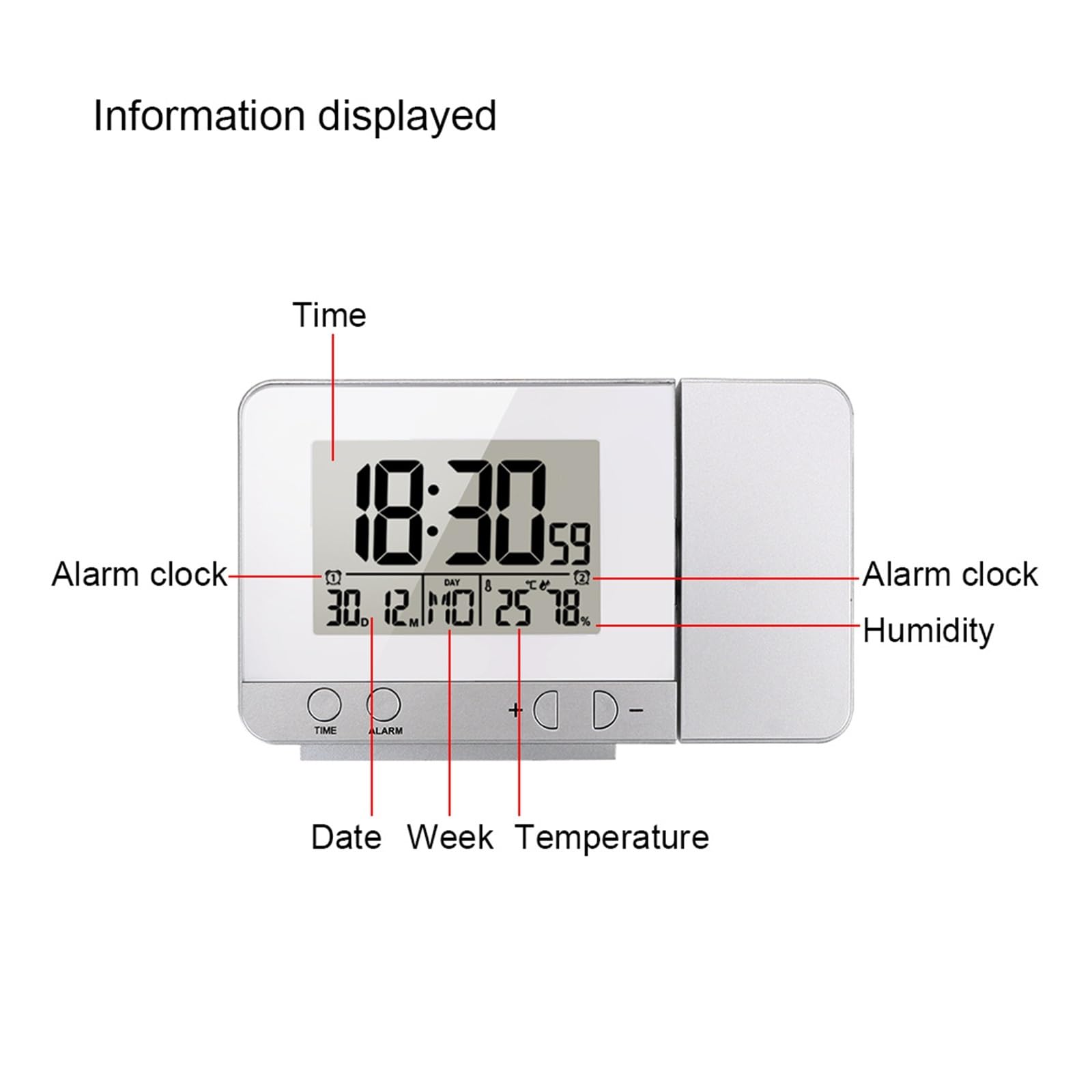 Table De Bureau Horloge LED Projection Réveil Température Intérieure Humidité Multifonction Numérique Date Snooze Fonction Projection Claire(Type A Black)