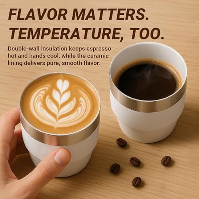 4 oz Espresso/Coffee Cup, Ceramic-Lined 18/8 Stainless Steel, Double-Wall Insulated, Stackable, Dishwasher Safe, Fits Most Espresso Machines (Black, White, Lilac, Wine Red, Navy, Blue, 6 Pack)
