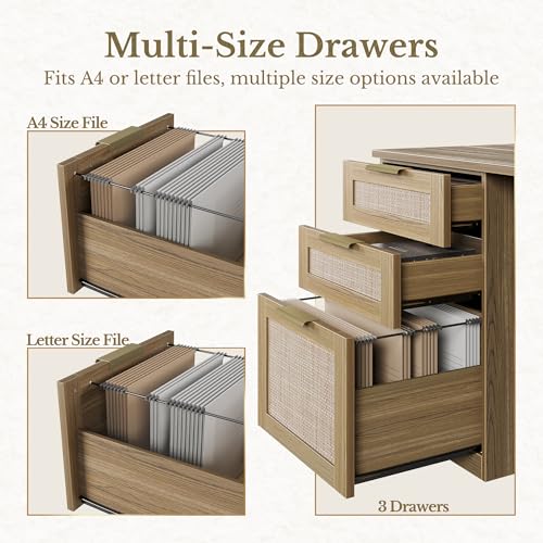 Image of 63 Inches L Shaped Standing Desk, Executive Standing Desk with Drawers and File Cabinet, AC /USB, 1.18 inch Desktop, Multi-Sized Storage Cubby, Privacy Panel, Rattan Computer Desk, Natural Oak