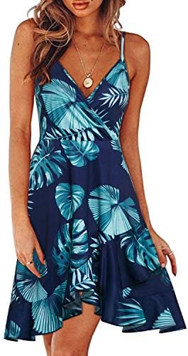 ULTRANICE Womens Summer Dresses Floral V Neck Ruffled Hem Spaghet...