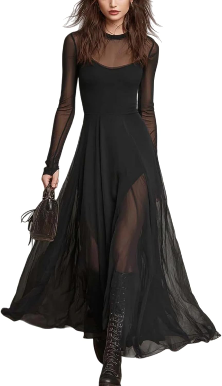 Mesh Dress for Women Retro Round Neck Sheer Fabric Maxi Dress A Line Sexy Wedding Guest Cocktail Party Modest Dresses