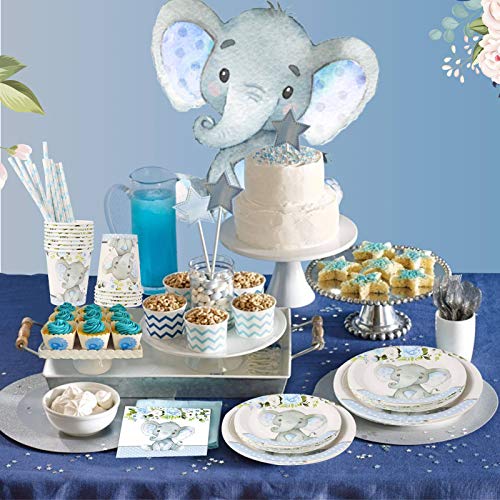 Elephant Baby Shower | Serves 24 | Blue Elephant Party Supplies Decorations | Elephant Baby Shower Or Birthday For Little Boy | Dinner Plates, Dessert Plates, Cups, Straws And Napkins #TOP2