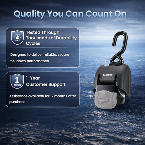 Retractable Boat Transom Tie Down Straps, 2-Pack 2x43in 2500lb | 833 lbs safe working load limit; trailer ratchet straps for brackish or saltwater environments and secure boat towing. - Image 7