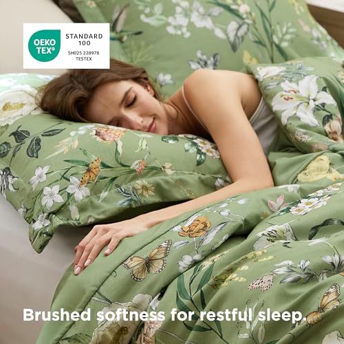 Image of Bedsure Duvet Cover Queen Size - Reversible Green Floral&Bird Duvet Cover Set with Zipper Closure, 3 Pieces Mistletoe Bedding Set with 8 Corner Ties and 2 Pillow Shams 20 inchx26 inch