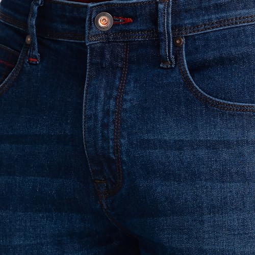 Image of Raymond Men's Mid Rise Cotton Blend Solid Pattern Slim Fit Flat Front Jeans