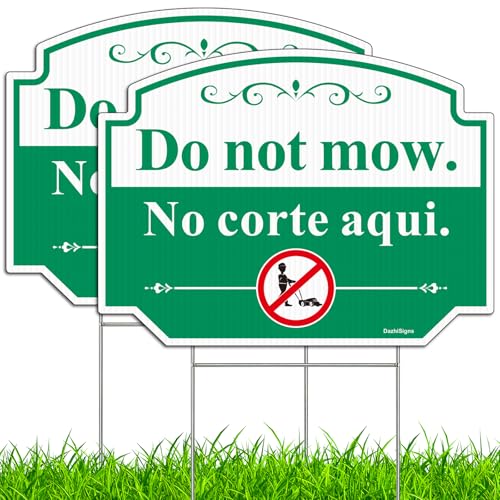 Do Not Mow Yard Sign with Stake 2PC No Mowing Sign Bilingual 12.6x9.5 Corrugated Plastic No Mowing Lawn Signs Double Sided No Mow Signs UV Protected Weather Resistant Easy Installing (Green)
