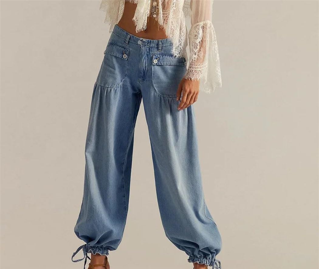 Women Cargo Jeans High Waist Baggy Denim Pants with Zipper Pockets Loose Fit Casual Vintage Trousers