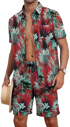 YTD Mens Hawaiian Shirts and Shorts Set 2 Pieces Tropical Outfit Flower Print Button Down Beach Suit XXL Red Leaf