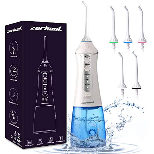 Munddusche Kabellos, Zerhunt Zahnreiniger IPX7 Wasserdichte Elektrische Oral Irrigator Tragbar mit 300ML, aufladbar 3 Druckstufen Wasser Flosser mit 5 Aufsteckdüsen für Kinder Erwachsener (Blau)
