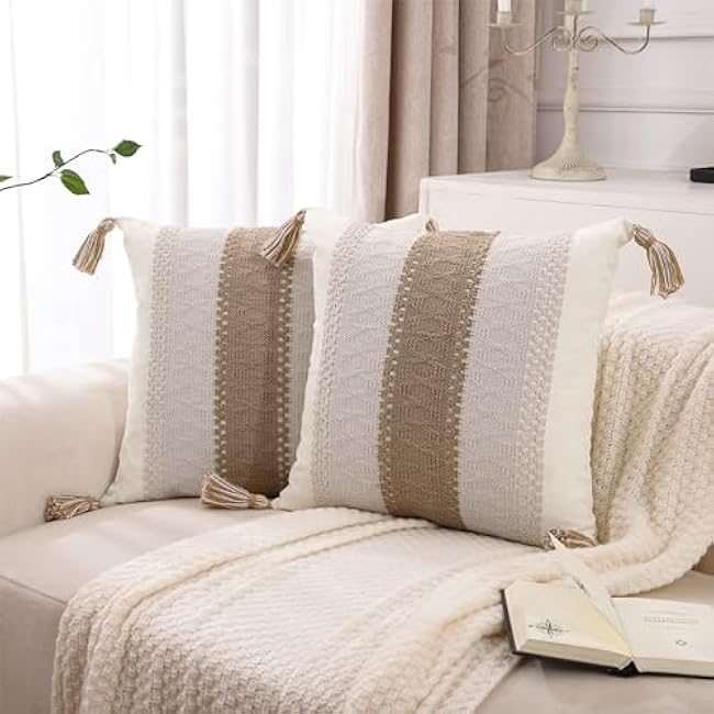 Tosleo Boho Khaki Striped Throw Pillow Covers 18x18 Set of 2 with Tassels Neutral Decorative Pillowcase Farmhouse Rustic Retro Cushion Case Bohemian Home Spring Decor for Wedding Bedroom Living Room