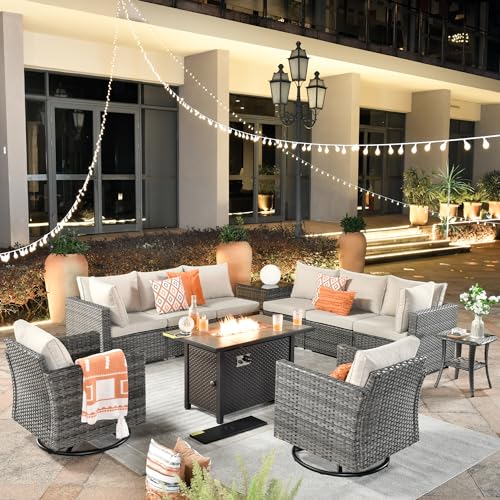 ovios 11 Piece Outdoor Patio Furniture Set with Fire Pit Table,Conversation Sectional Wicker Couch with Swivel Chairs,Modern Outside Sofa for Balcony Backyard, Beige