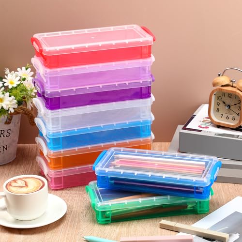 Image of Gueevin 12 Pcs Large Capacity Plastic Pencil Box Clear Plastic Pencil Case Crayon Box with Snap Tight Lid Watercolor Pen Storage Brush Organizer Drawing Tools Container (Mixed Colors)