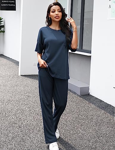 Image of JiniGolla Womens Pajama Sets Waffle Knit Short Sleeve Shirt with Long Pajama Pants Soft Sleepwear Pj Lounge Sets
