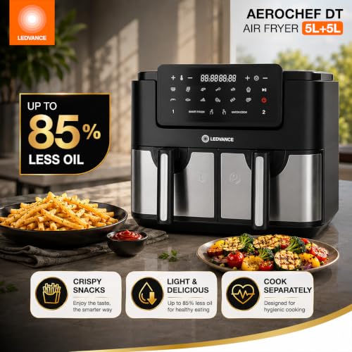 Image of Ledvance Air Fryer | 5L+5L Dual Basket | 2400W | Digital Display & Touch Control Panel | Non Stick Coating | 360Rapid Air Circulation | 85% Less Oil Usage | 12 Preset Menus | 2 Yr Warranty