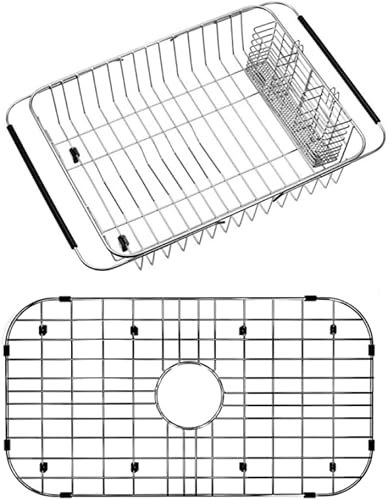 SANNO Escurridor de platos con soporte para utensilios de acero inoxidable, escurridor de platos grande, rejilla para fregadero de cocina, protector