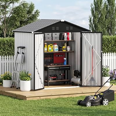 ZEXGONEST 6 x 4 FT Outdoor Storage Shed, Waterproof Metal Garden Tool Shed with Gable Sloped Roof, Lockable Door & Air Vents for Backyard Patio Lawn, White