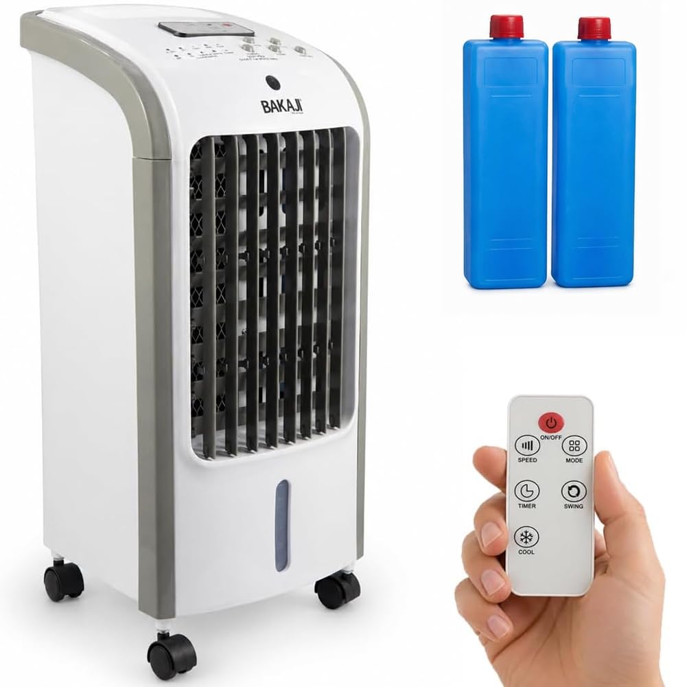 BAKAJI Raffrescatore ad Aria Fredda con 2 Blocchi Refrigeranti e Telecomando per Controllo da Distanza, Serbatoio 4 Litri, Air Cooler Silenzioso, Oscillazione Automatica 60°, 25 x 26.5 x 57 cm