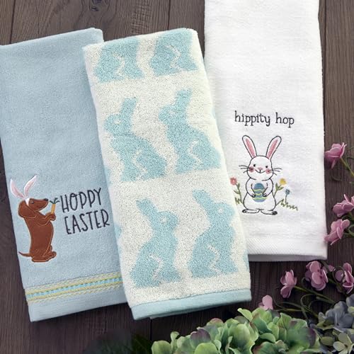 Image of SKL Home Easter Bunny Jacquard 100% Cotton 2pc Hand Towel Set, Reversible & Decorative for Bath /Kitchen /Bar & Gift, Aqua