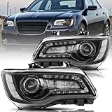 Halogen Headlights Compatible with Chrysler 300/300C 2011 to 2023 Halogen Angel Eye Type LED DRL Replacement Headlamp Black Housing Clear Reflector