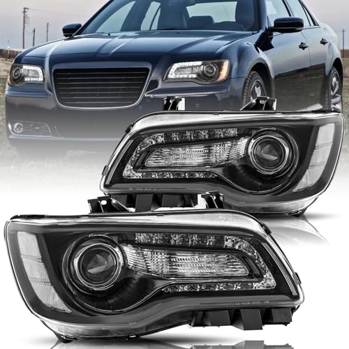 Halogen Headlights Compatible with Chrysler 300/300C 2011 to 2023 Halogen Angel Eye Type LED DRL Replacement Headlamp Black Housing Clear Reflector