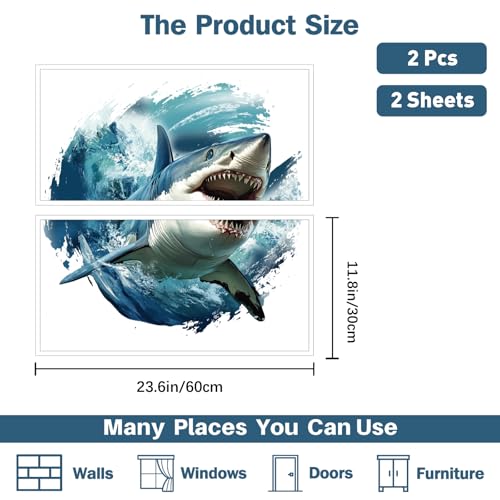 PLIGREAT 2 hojas vinilo 3D adhesivos pared tiburón realista miniatura 3