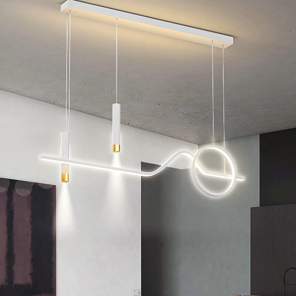 Geometric Linear Pendant Light, White Metal Kitchen Island Hanging Lights, Minimalist Dining Room Decorative Lighting Chandeliers, Modern Dimmable LED Suspension Lamps (36W)