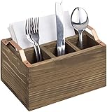 iKUGUI Rustic Burnt Wood Kitchen Utensils Holder Napkin Caddy with Copper-Toned Handles, 4-Compartment Dining Flatware Organizer Cutlery Holder