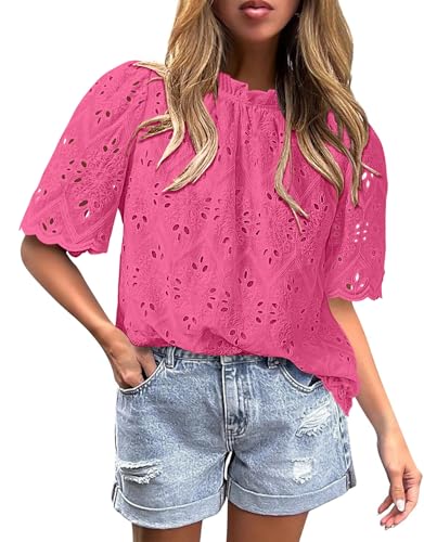 BETTE BOUTIK Womens Lace Tops 2025 Trendy Long Short Sleeve Eyelet Embroidered Dressy Casual Blouse Shirts