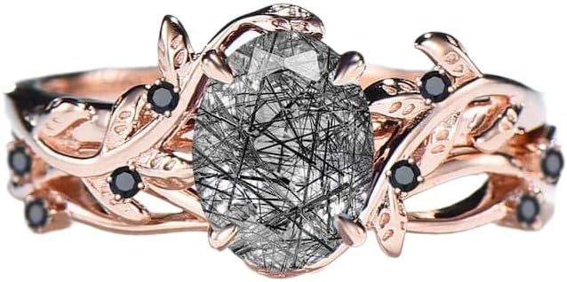 Natural Inspired Leaf Black Rutilated Quartz Ring Set Cluster Spinel Rutile Engagement Ring Women Unique Black Gemstone Leaves Branch Ring