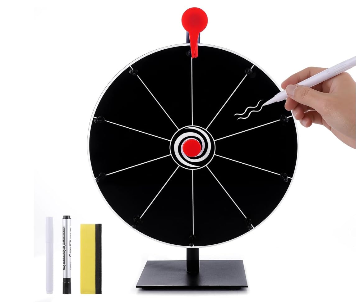 Aupptugo Spinning Prize Wheel Tabletop, 12 Inch Spin The Wheel with Stand, 15 Slots Spin the Colour Wheel with Stand for Party and Dry Erase Marker Eraser (Black)