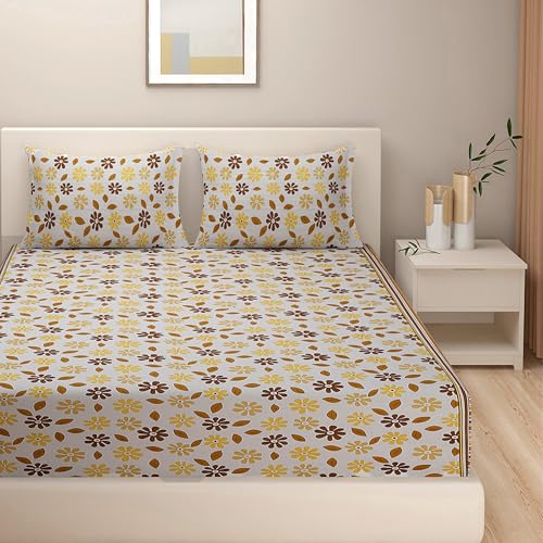Image of Swayam Pure Cotton King Bedsheet with 2 Pillow Covers | Size 108 x 108 inch | 160 TC | Floral Design | Soft Breathable Bed Sheet | Comfortable & Durable for Bedroom - Yellow & Brown
