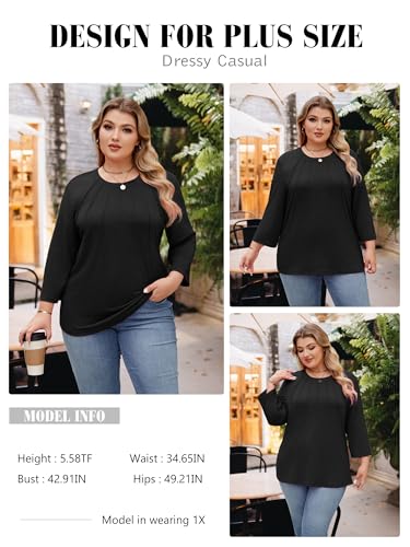 Image of Chulianyouhuo Womens Plus Size Tops 3 /4 Sleeve Casual T Shirts | Crew Neck, Pleated Blouse Tee, Dressy Casual Shirts, Loose Fit Tunic Tops, Soft Fabric, Going Out Outfits