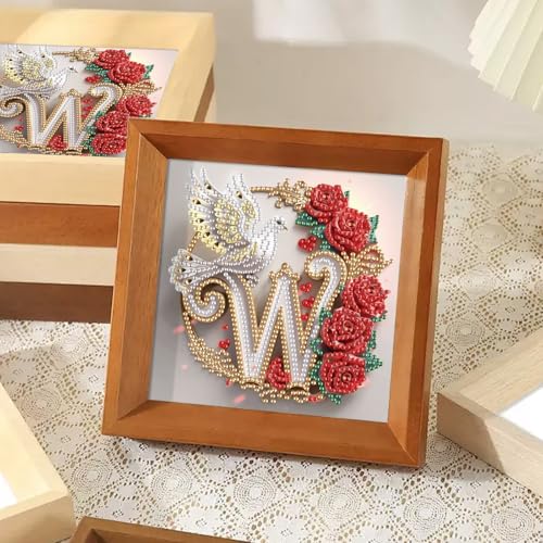 Image of AiYuanzsh 5D Diamond Art Kits Letter W, Whimsical Rose & Dove Monogram Special Shape Diamond Painting for Adults, Luxury Diamond Art for Adults DIY Paint by Diamonds for Wall Display 17x17cm