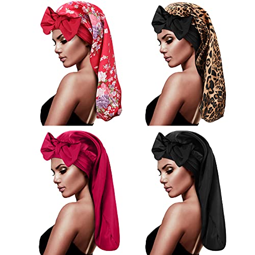 4 Pieces Long Satin Bonnet Sleep Cap Hair Loose Cap Solid Color and Printed Elastic Wide Band Night Sleeping Hat for Braid Long Natural Hair