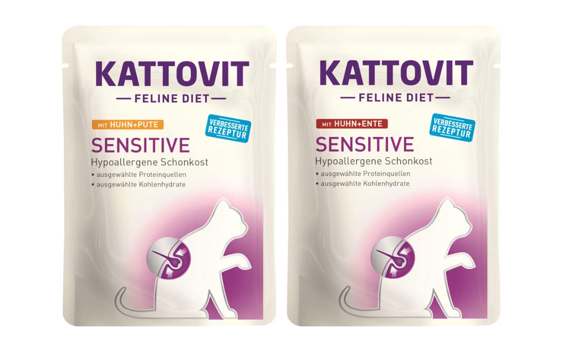 Kattovit Feline Diet Sensitive Bundle 20x 85g / 10x Huhn&Ente und 10x Huhn&Pute/Zur Minderung von Ausgangerzeugnis- und Nährstoffintoleranzerscheinungen
