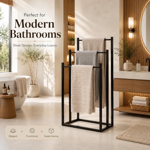 Image of Towel Rack Stand for Bathroom | 3-Tier Metal Towel Holder | Rust Resistant Powder-Coated Steel | Space Saving Towel Drying Stand for Bath Towels, Hand Towels & Blankets | Black /White