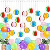 MiniInflat 124 Pcs Beach Ball Hanging Decorations 24 Pcs Summer Mini Beach Ball with Hanging Rope and Hooks 100 Pcs Assorted Color Latex Balloons Inflatable Beach Ball Bulk Pool Hawaiian Party