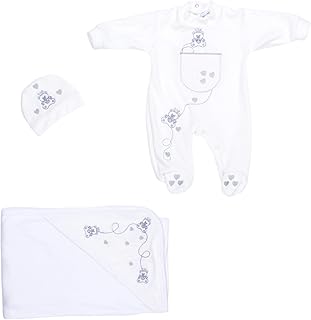 بابيلون طقم قطيفة مكون من 3 قطع سالوبيت بكباسين واكمام طويلة وطاقية، بطانية مطرزة برسمة دب للاولاد حديثي الولادة - ابيض