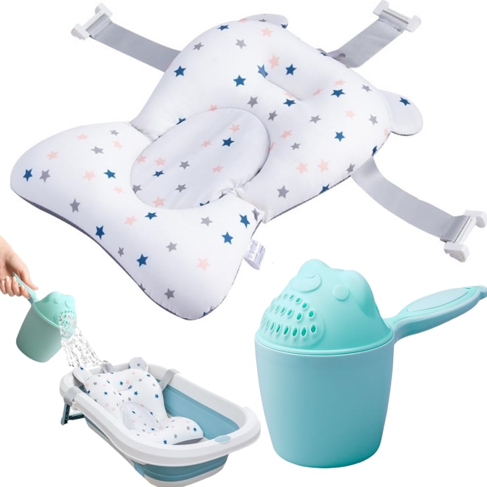 Badekissen Baby + Badekanne, Universelle Badewannenkissen, babywanne einsatz, Rutschfest, Weiches, Gepolsterte, anpassbarer Halterung (Set mit Badekissen + inklusive Badekanne)