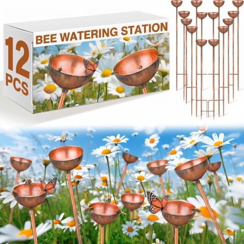 Teenyyou 6 Pcs Bee Watering Station for Garden Bee Metal Watering Cups Butterfly Water Feeder Small Insects Bath Bowl Cups Metal Stakes for Outdoor Garden Decor Copper